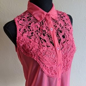 SHEER PINK SLEEVELESS BLOUSE W/ CROCHET DETAILING